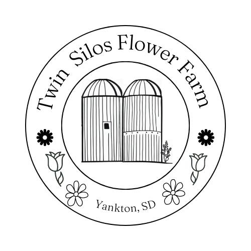 The Twin Silos Flower Farm badge: two silos ringed by tulips and daisies, Yankton, SD